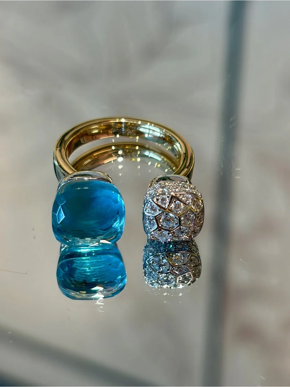 New Certified 14K Gold Plated S925 Two-Stone Sky Blue simulated Topaz Ring